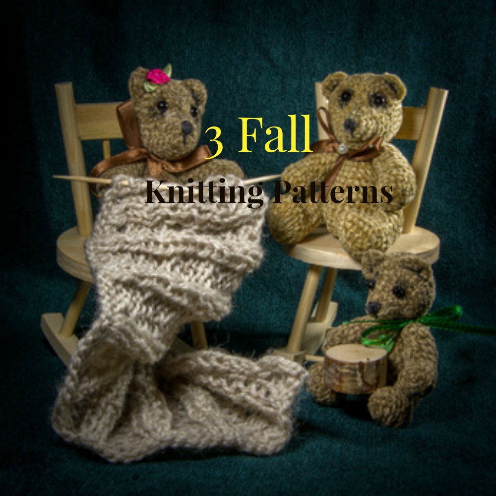 3 stuffed bears knitting on chairs