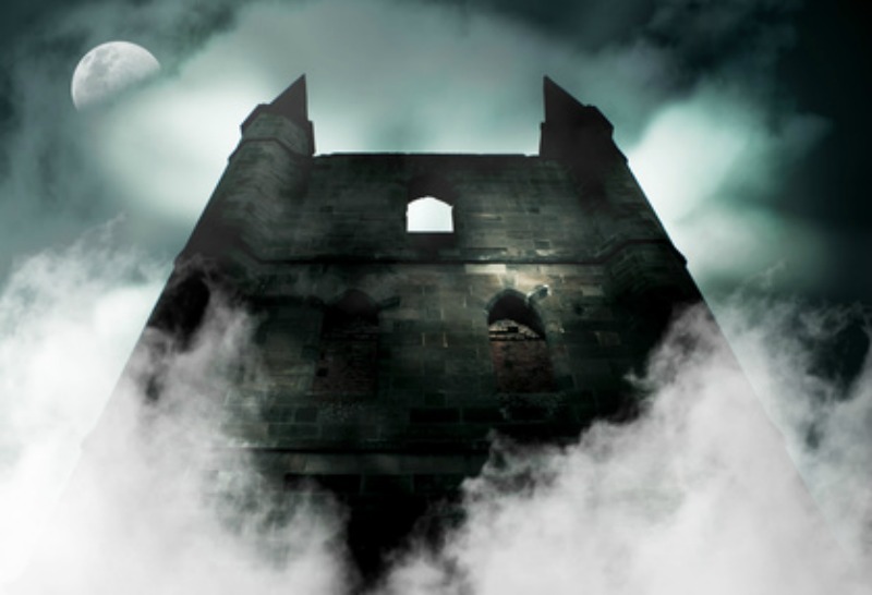 Mist rising over a spooky old castle which would be great for writing horror.