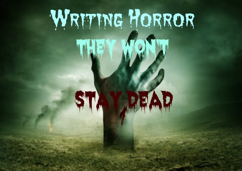 Writing Horror with a zombie hand rising out of the foggy ground.