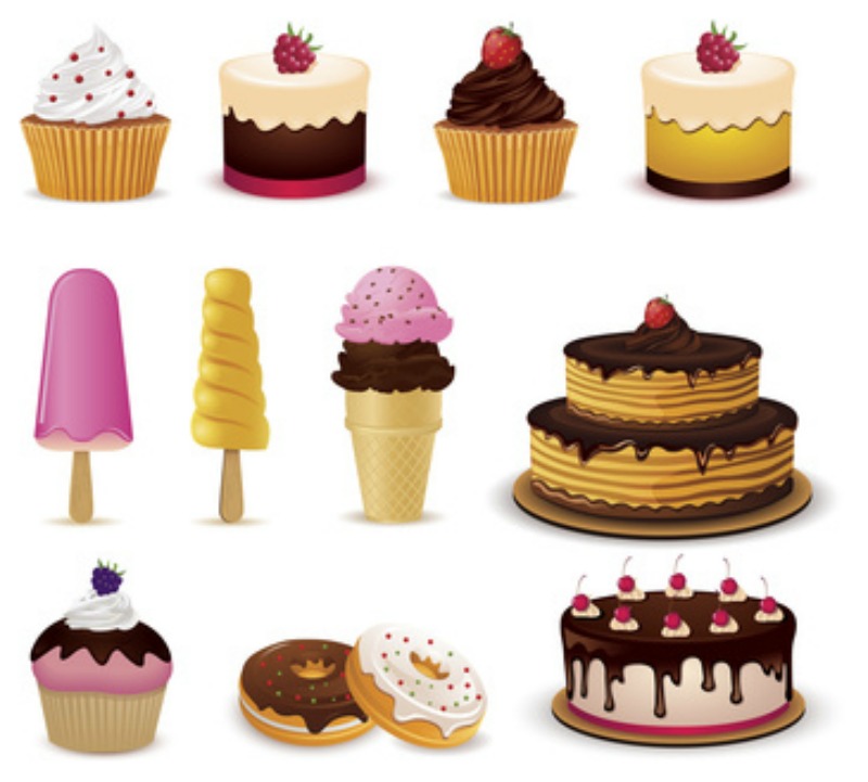 picture of cakes, cupcakes, donuts, ice cream cones, and chocolate goodies