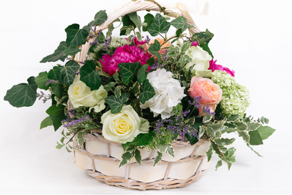 Beautiful hydrangeas and roses in a basket